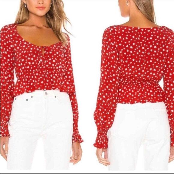 NEW Privacy Please Red Floral Long Sleeve Scoop Peplum Blouse Crop Top Size XS - Picture 1 of 6